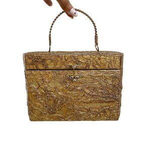 ✨ Vintage 1960s Gold Textured Box Bag Top Handle Statement Purse Retro Mod